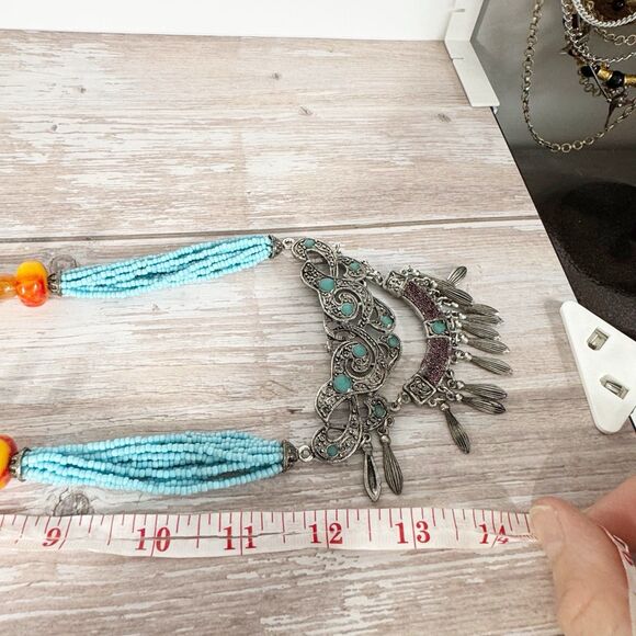Chunky Boho Southwest Necklace Turquoise Seed Beads Faux Coral Large Pendant - Picture 8 of 10